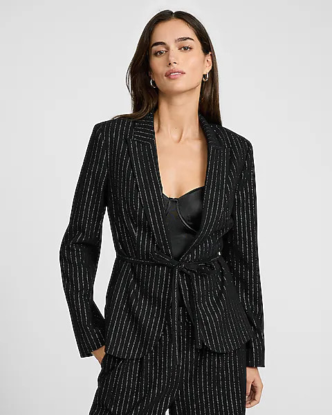 Metallic Pinstripe Tie Waist Cutaway Blazer | Express