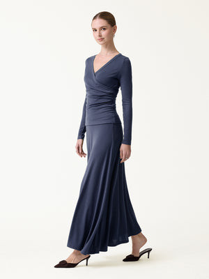 2Pcs Set LiteWarm Surplice Ruched Top & Blend Mid-Rise Umbrella Maxi Skirt | OGLmove