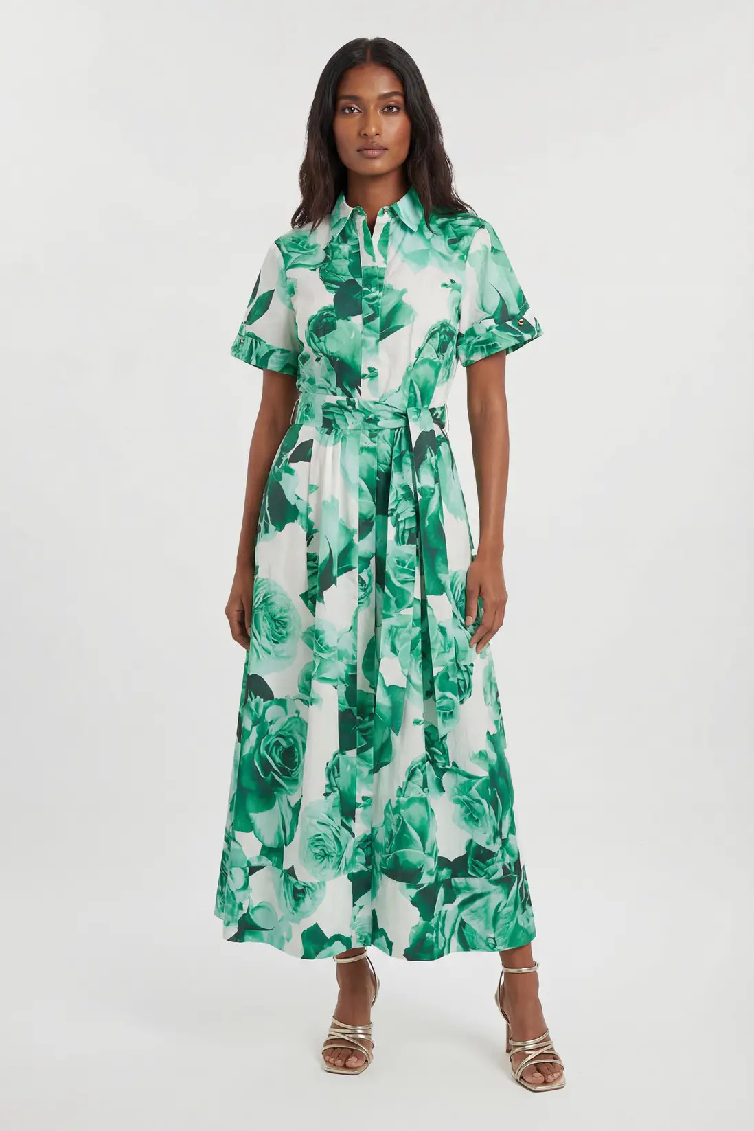 Petite Rose Print Cotton Sateen Floral Woven Belted Maxi Shirt Dress | Karen Millen