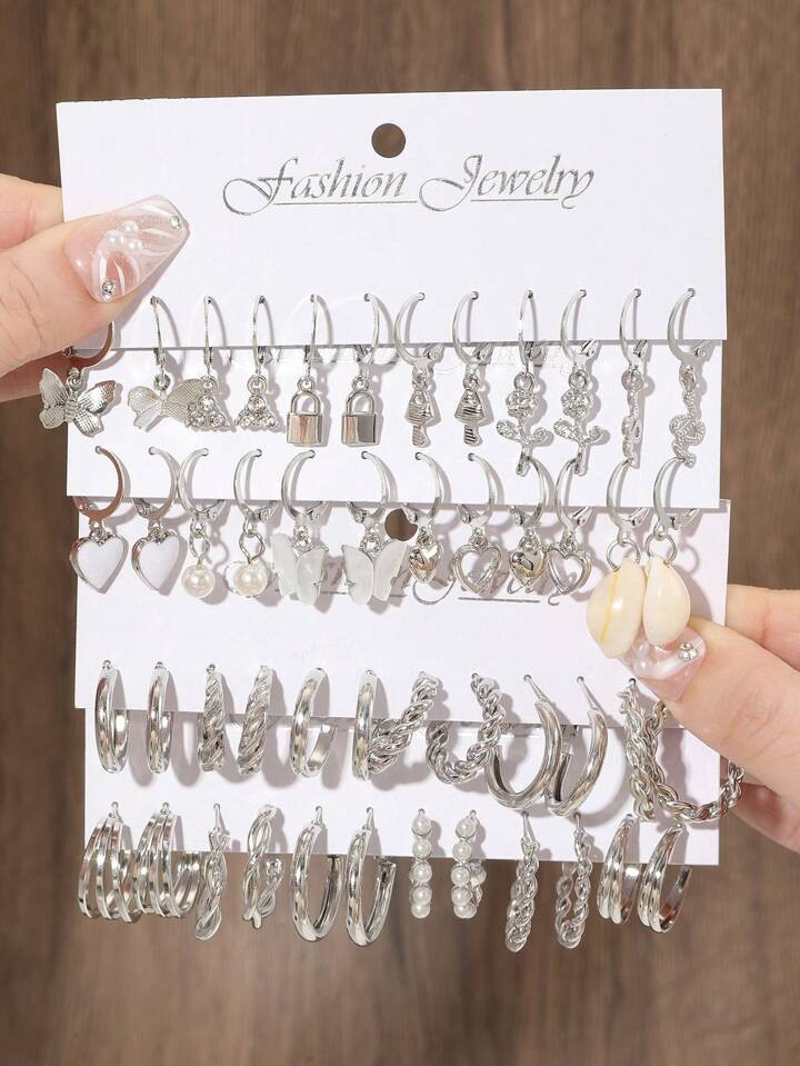 24pairs/Set Fashionable Faux Pearl Decor Twist Design Hoop Earrings For Women For Daily Life   He... | SHEIN