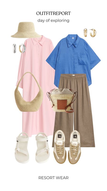 Resort wear vacation travel destination pink shirt dress resort shirt linen trousers sandals and veja trainers 

#LTKtravel #LTKshoecrush #LTKitbag