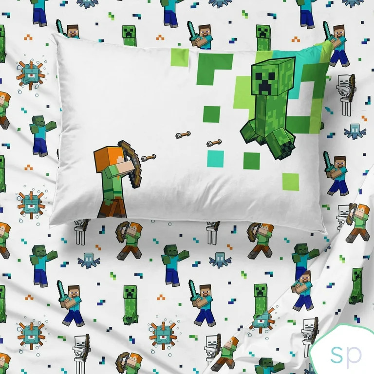 Minecraft Against Mobs Kids 3 Piece White Bed Sheet Set, Twin | Walmart (US)
