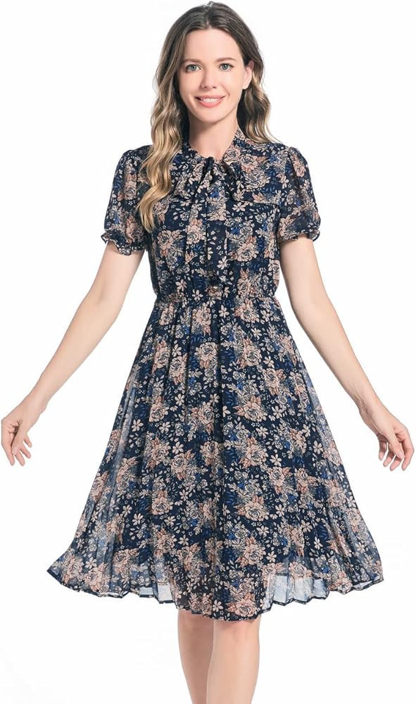 HAOKEKE Women Print Dress Long Sleeves Chiffon Dress Retro Brown Grid Pleated Buttons Down Bow Ti... | Amazon (US)