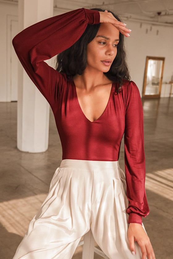 Kaylene Burgundy V-Neck Balloon Sleeve Bodysuit | Lulus