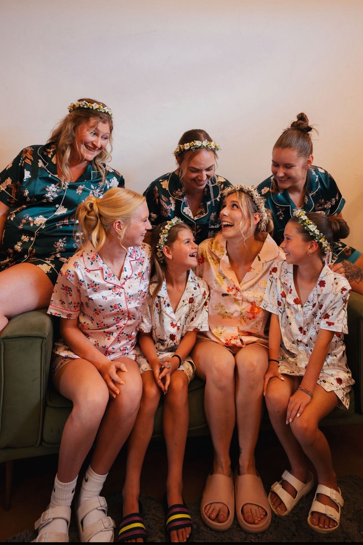Wedding day photo with bride bridesmaid and flower girls 
Satin pajamas floral from Amazon are perfect for getting ready in the morning 
Boho wedding inspiration 