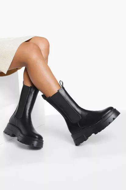 Wide Fit Cleated Sole Calf High Chelsea Boots | Boohoo.com (UK & IE)