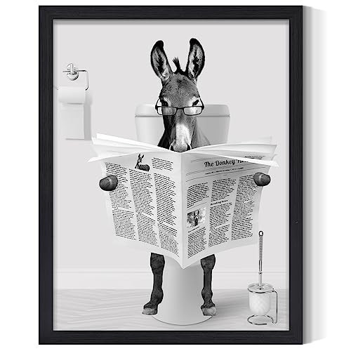Framed Donkeys Wall Art Black and White Animals Canvas Prints Artwork Donkey Reading Newspapers on Toilet Pictures Wall Decor Ready to Hang for Bathroom Kids Room Farmhouse Decoration 12x16 Inch | Amazon (US)