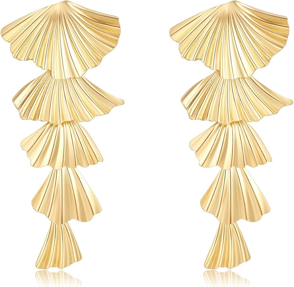 Gold Seashell Earrings for Women - Chunky Statement Beach Jewelry - Stainless Steel Sea Shell Ear... | Amazon (US)