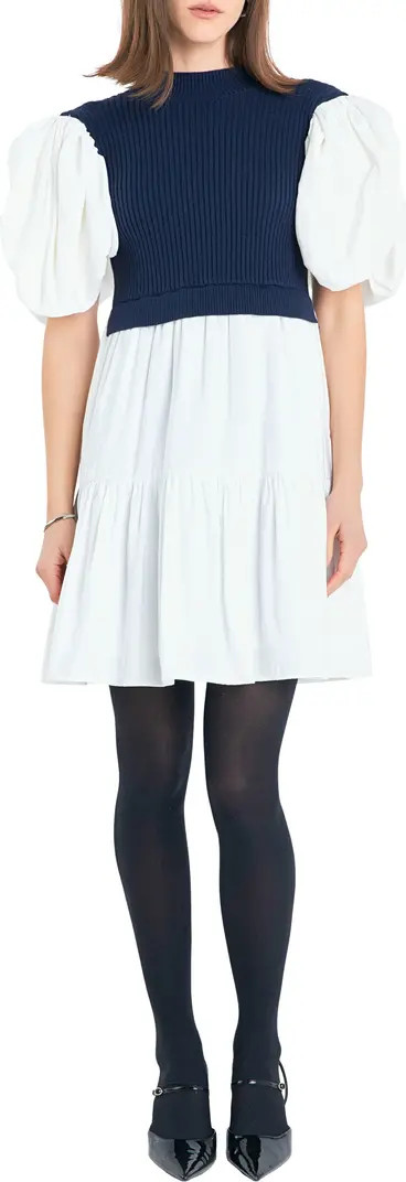 Puff Sleeve Mixed Media Sweater Dress | Nordstrom