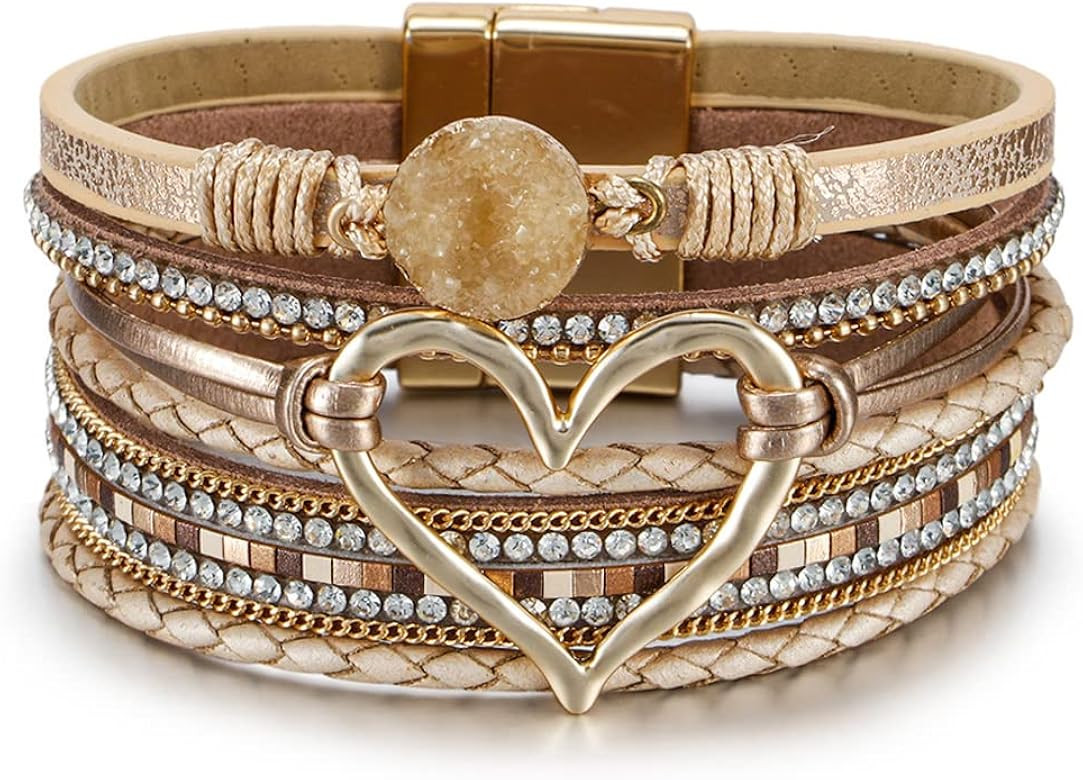 Fesciory Leopard Bracelet for Women, Boho Leather Wrap Multi-Layer Pearl Crystal Bracelet Bangle ... | Amazon (US)