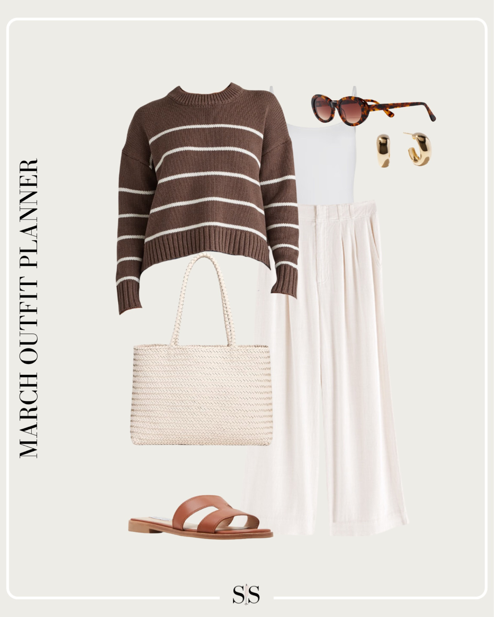 Monthly outfit planner MARCH: Winter to Spring transitional looks | striped sweater, trousers, slide sandle, woven tote 

#springoutfit 


#LTKStyleTip