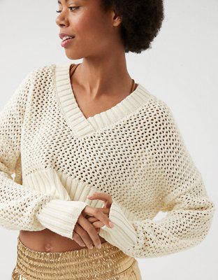 OFFLINE By Aerie Crochet V Neck Sweater | Aerie