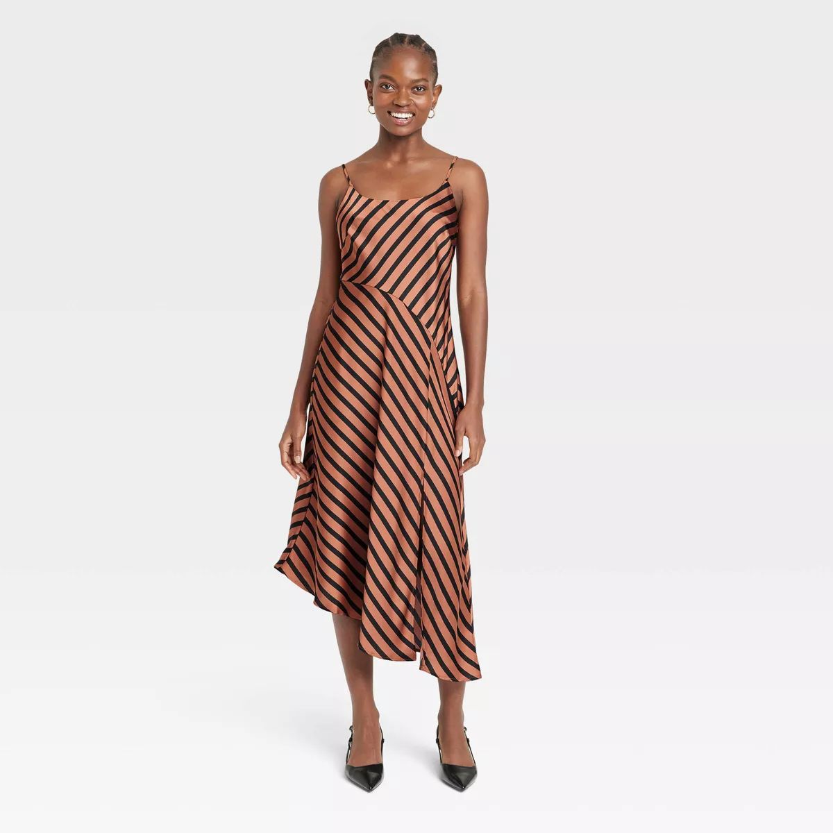 Women's Asymmetrical Midi Slip Dress - A New Day™ Brown Striped S | Target