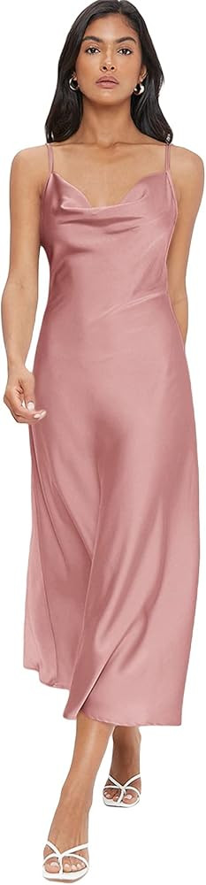Floerns Women's Spaghetti Strap Cowl Neck Long Slip Satin Silk Midi Dress | Amazon (US)