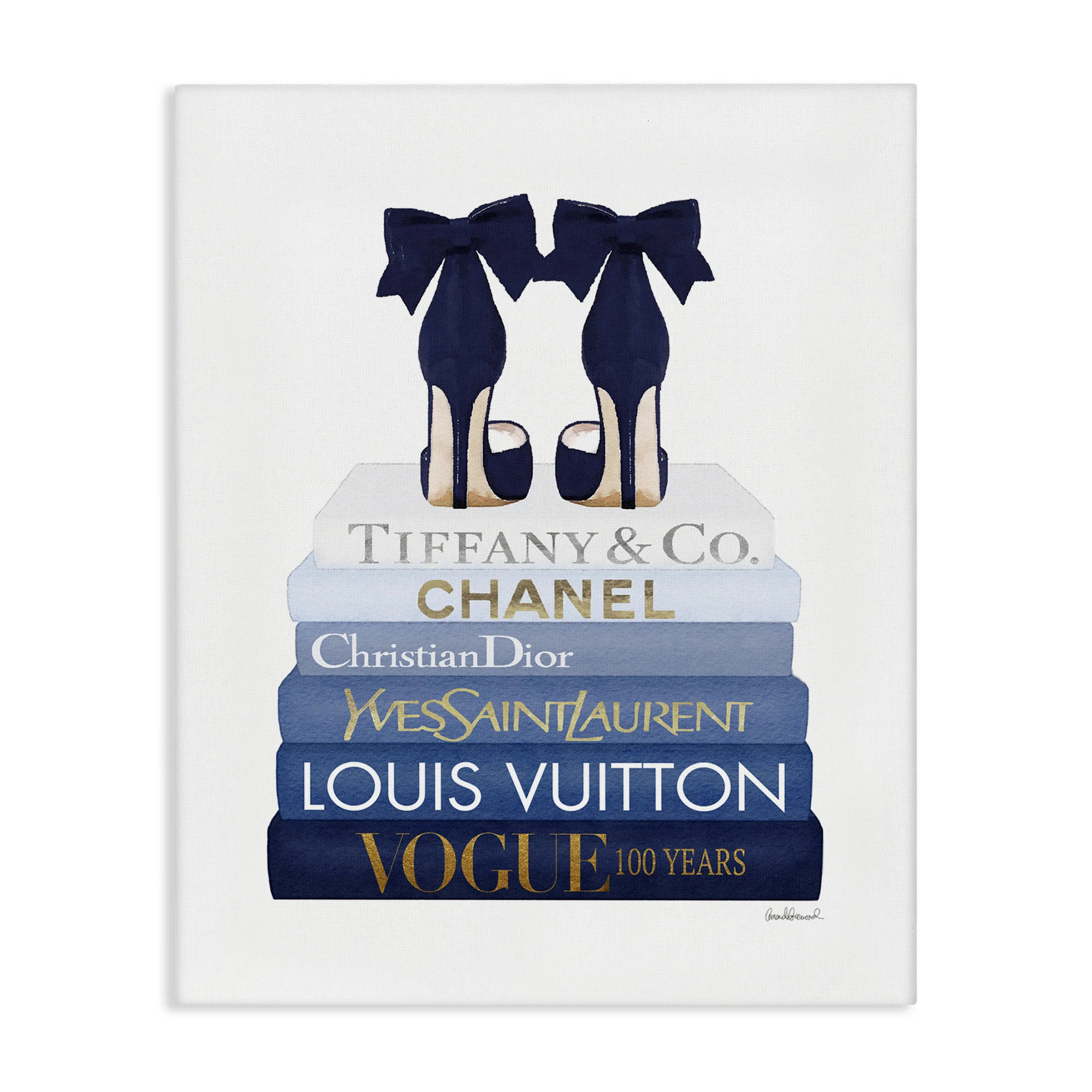 Navy Blue Bow Heels Chic Glam Bookstack XXL Stretched Canvas Wall Art by Amanda Greenwood | Wayfair North America