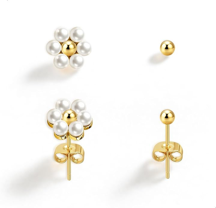 IMBOS Pearl Earrings 14k Gold Plated Daisy Flower Stud Earrings for Women Ball Stud Flat Back Ear... | Amazon (US)