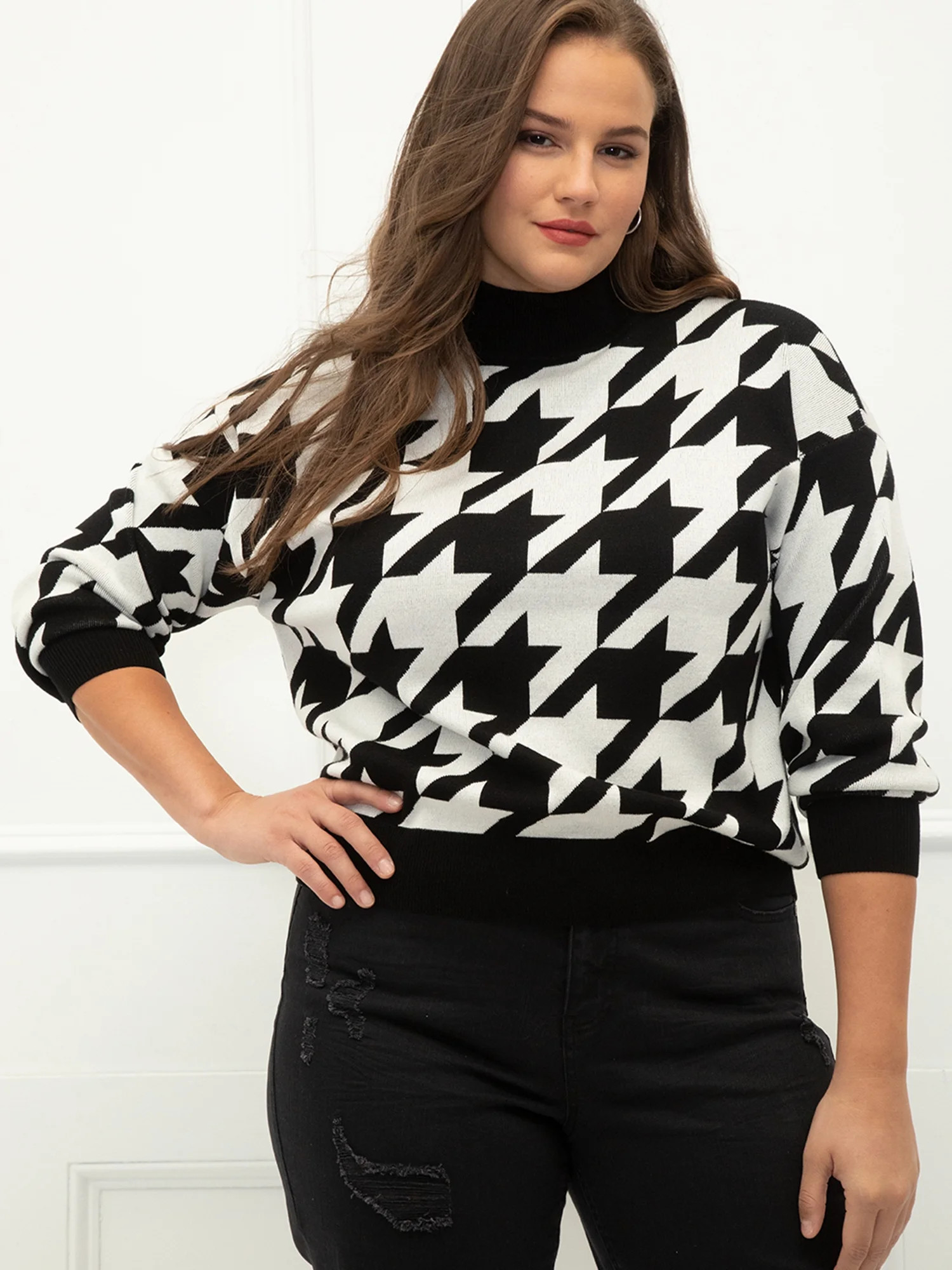 ELOQUII Elements Plus Size Oversized Houndstooth Intarsia Mock Neck Sweater - Walmart.com | Walmart (US)