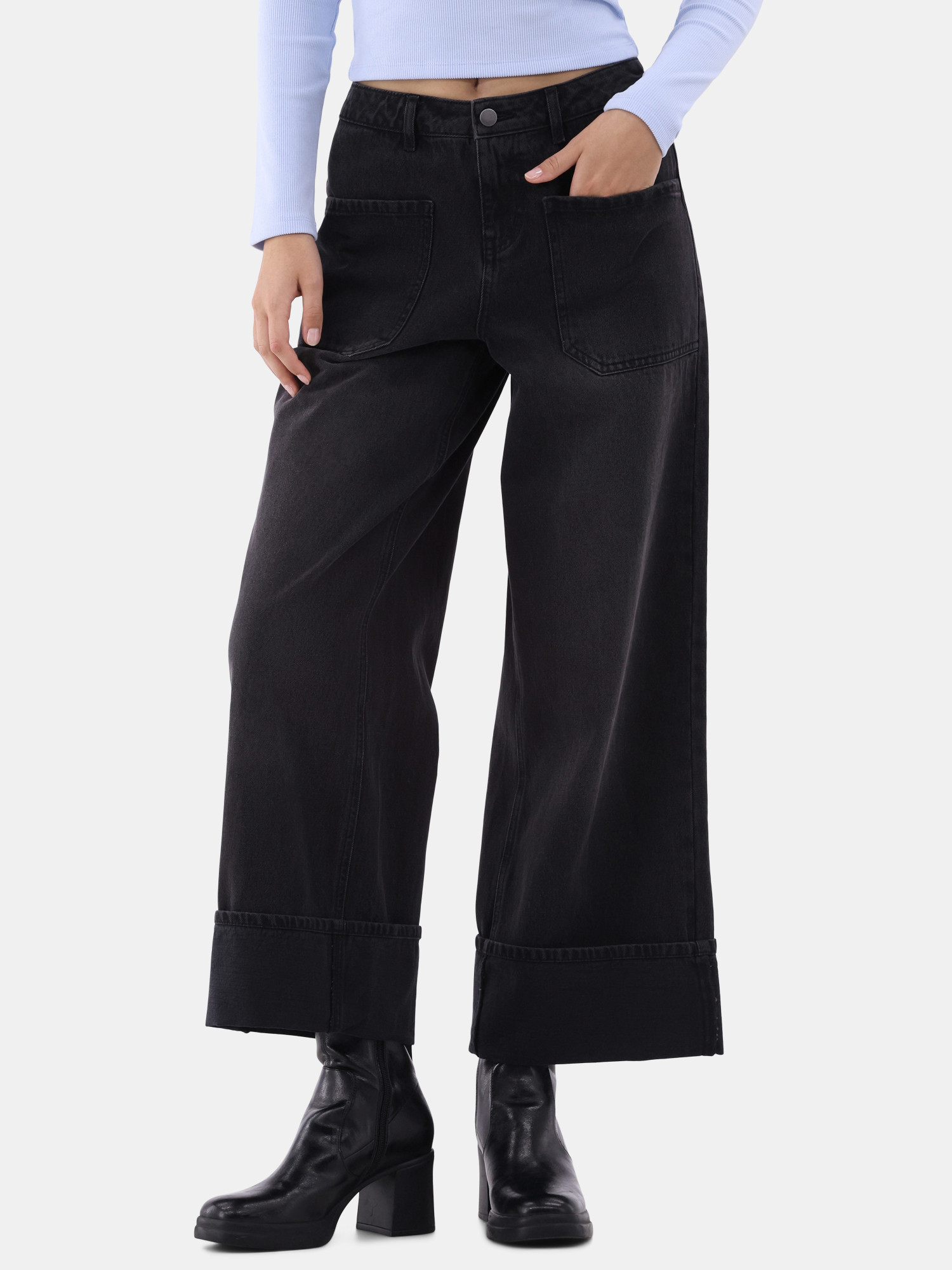 No Boundaries Cuffed Wide Jeans, 32” Inseam, Women’s | Walmart (US)