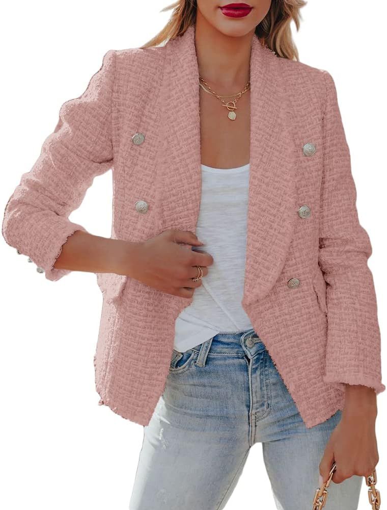Ricristy Womens Blazer Casual Tweed Long Sleeve Open Front Lapel Collar Blazers Jackets Outwear | Amazon (US)