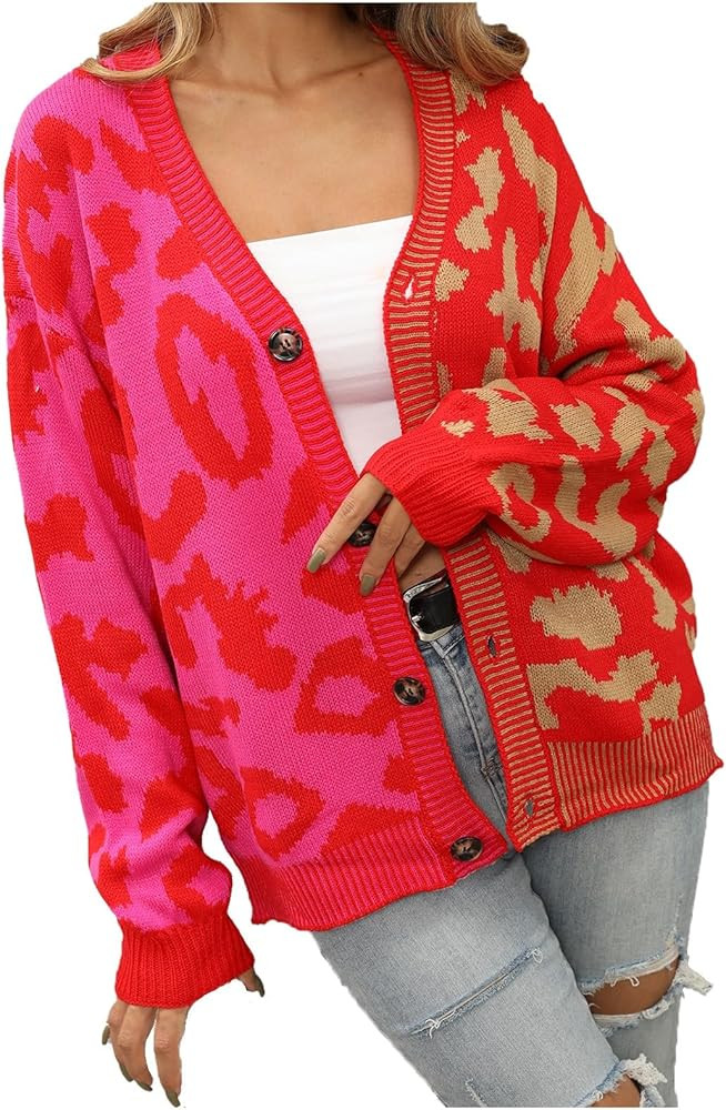 Womens Leopard Print Knit Cardigan Open Front Knit Cardigan Button Sweater Coat Long Sleeve Jacke... | Amazon (US)