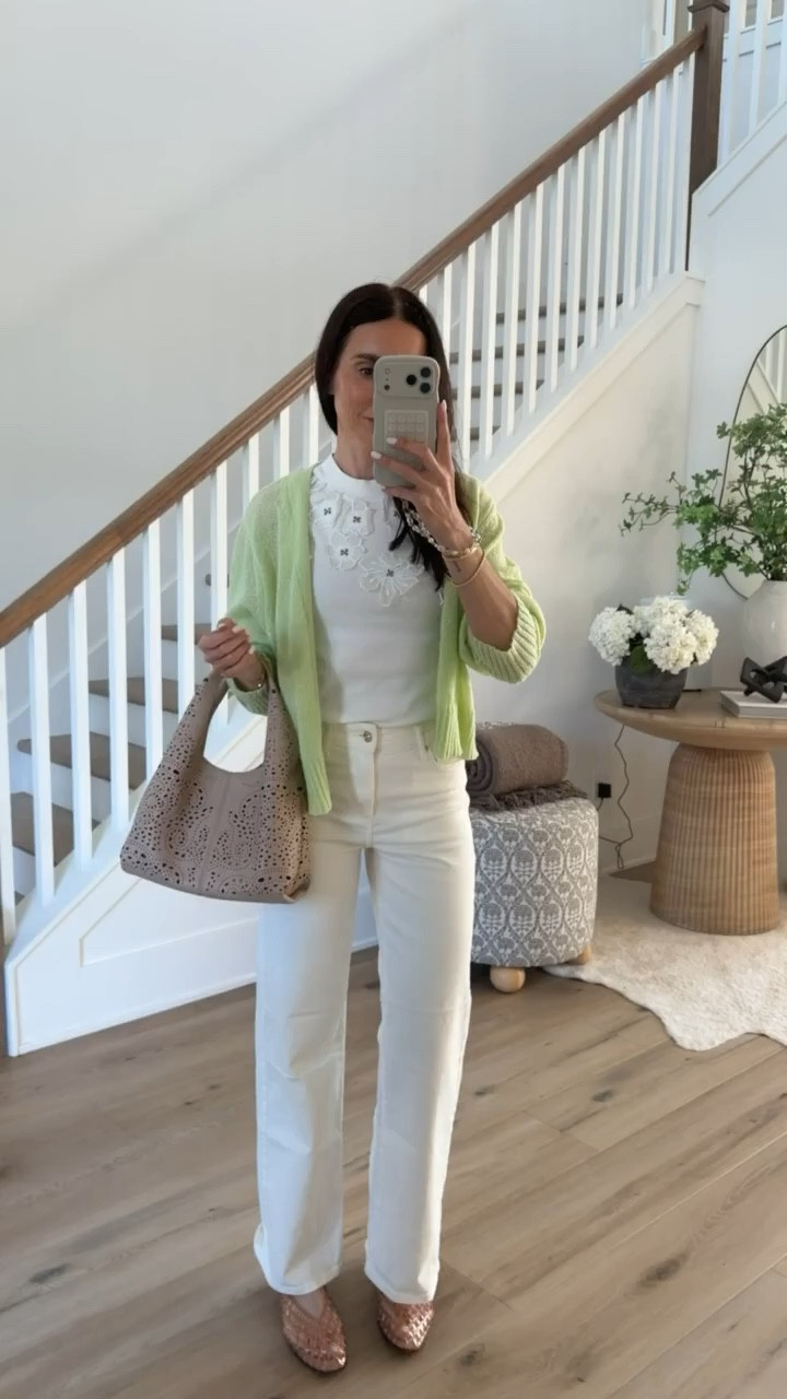 ANTHROPOLOGIE buy more, save more $50 off $150 / $100 off $300 / $150 off $500. Lime green cardigan paired with white jeans and floral tank top for a fresh look perfect for spring.

spring outfit, green cardigan, white jeans, neutral style, casual chic, everyday outfit, light layers, fresh look, soft colors, effortless style, annabrstyle
