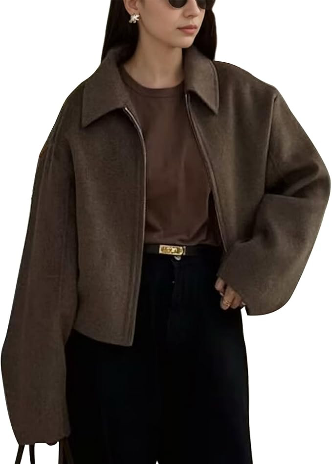 Women Bomber Jacket Casual Lapel Long Sleeve Zip Up Cropped Coats Trendy Lightweight Outwear Fall... | Amazon (US)