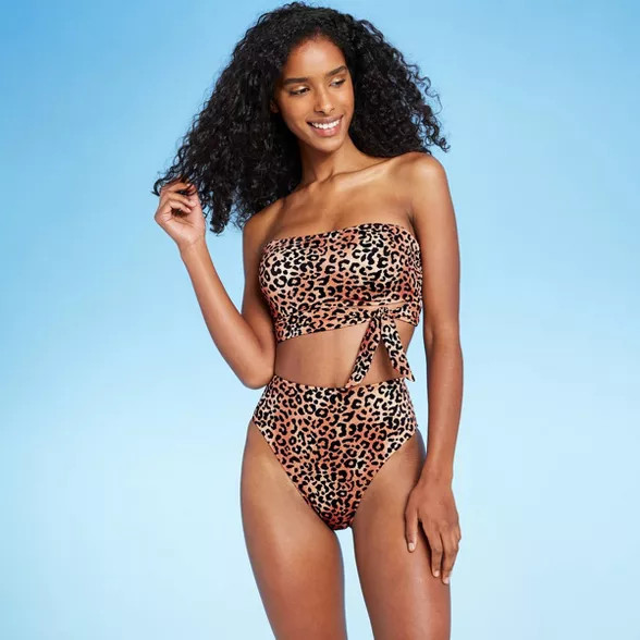 Women's Light Lift Longline Tie Wrap Waffle Textured Bandeau Bikini Top - Shade & Shore™ Animal... | Target