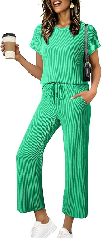 SHEWIN Women Casual Two Piece Sets Ribbed Knit Outfits Airport Pant Clothes 2026 | Amazon (US)