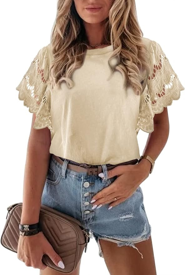 Zenlonr Women Summer Crew Neck Bell Sleeves Blouse Casual Solid Color Crochet T Shirts Hollow Out... | Amazon (US)
