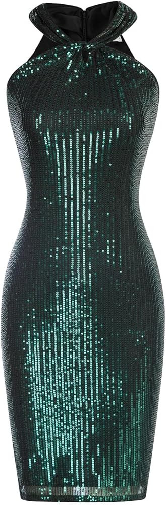 GRACE KARIN Women Sleeveless Sequin Dress Sparkly Glitter Halter Dress Bodycon Mini Club Dresses | Amazon (US)