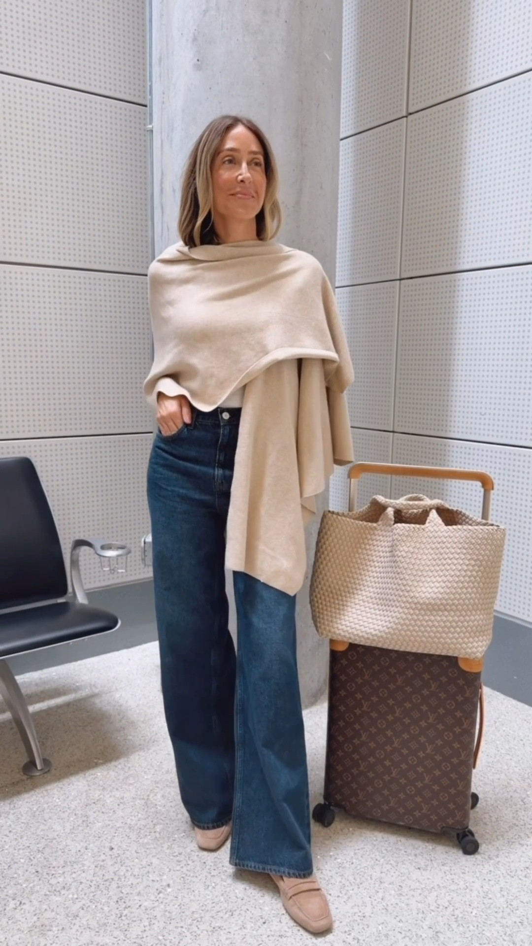 Travel outfit idea
Elegant and comfortable airport outfit!
Fits true to size and I’m wearing size small 
Poncho shade barley twist 
Airport outfit

#LTKU #LTKTravel #LTKOver40