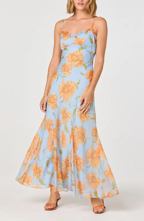 ASTR the Label Maeryn Floral Chiffon Maxi Dress in Blue Orange Floral at Nordstrom, Size Large | Nordstrom