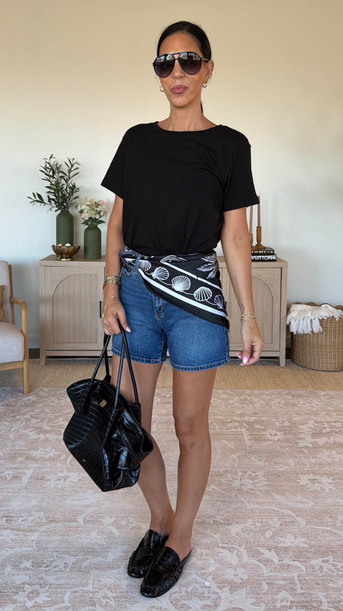 The perfect basic tee- under $10 
Wearing a size small 
5 inch denim shorts- the find of the year- the fit is amazing- size 2 
Add a scarf for a chic upgrade! 

#LTKOver40 #LTKmomlife #LTKU