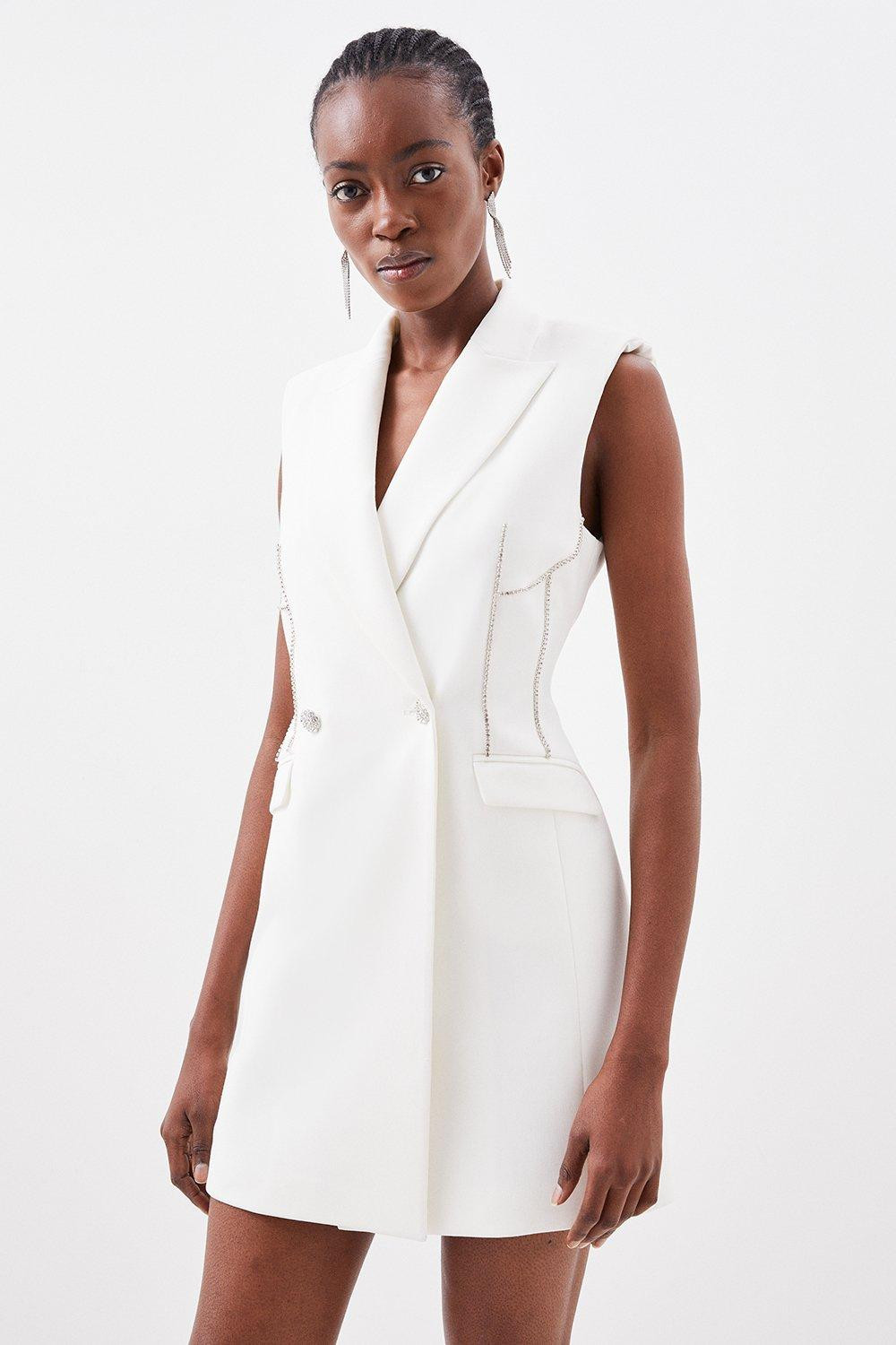 Compact Stretch Diamante Trim Tailored Mini Blazer Dress | Karen Millen UK + IE + DE + NL