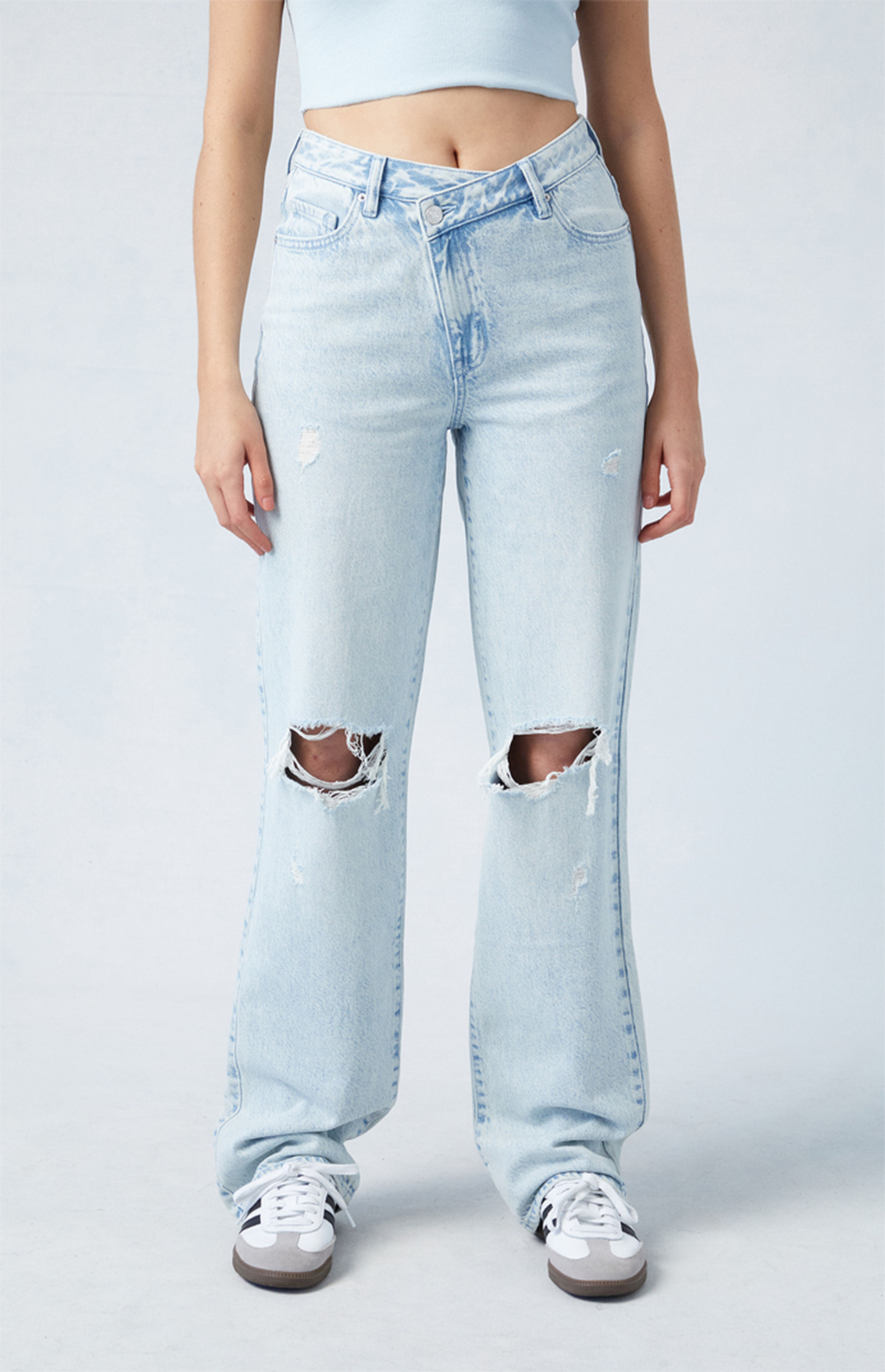 PacSun Eco Light Indigo Ripped Asymmetrical Waistband '90s Boyfriend Jeans | PacSun