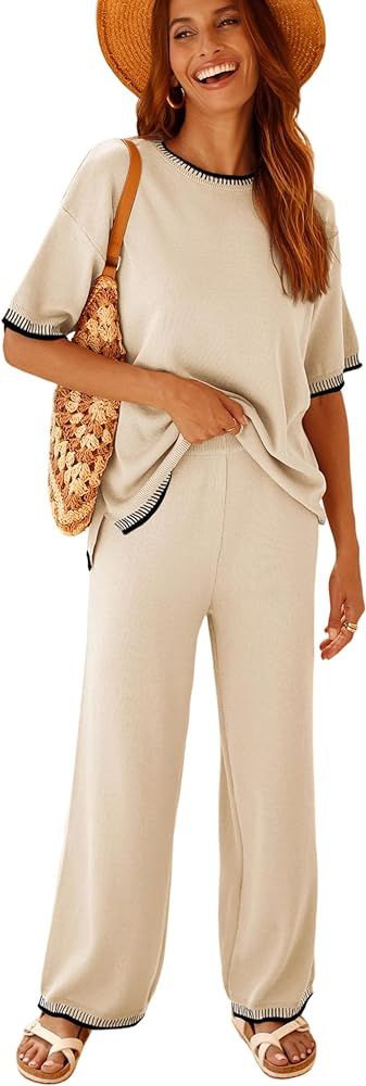Tanming Womens Lounge Sets 2 Piece Outfits Short Sleeve Knitted Tops Wide Leg Pants Sweater Sets | Amazon (US)