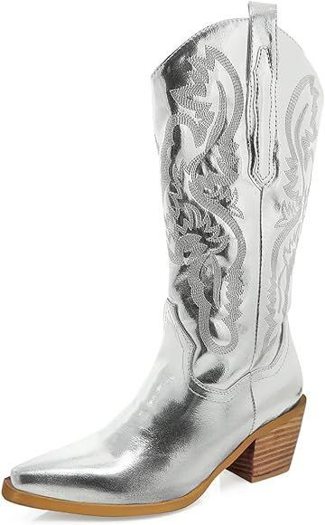 Women's Cowgirl Embroidered Mid-Calf Western Boots, Pointed Toe Medium Block Chunky Heel 6cm Stit... | Amazon (US)