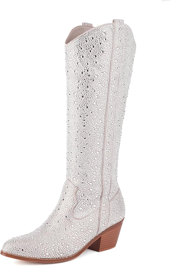 Women's Rhinestone Boots Wide Calf Cowgirl Boots Western Mid Calf Pointed Toe Boots Lightweight F... | Amazon (US)