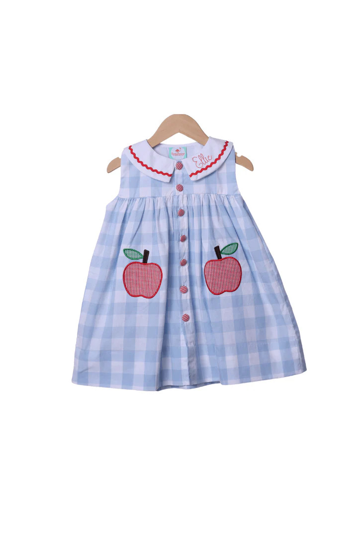 Blue Gingham Apple Applique Dress | The Smocked Flamingo