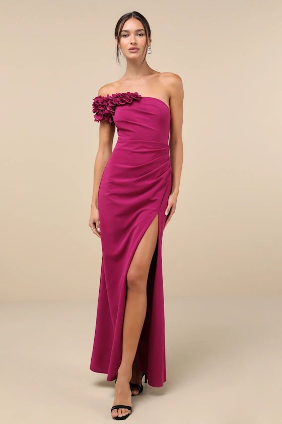 Beyond Elegant Magenta 3D Floral One-Shoulder Maxi Dress | Lulus