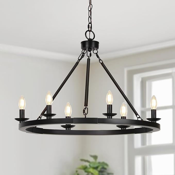 Black Farmhouse Chandelier, 6-Light Wagon Wheel Chandelier with Adjustable Height, Dining Room Li... | Amazon (US)