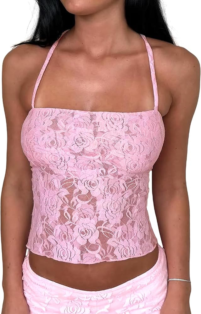 Danysu Lace Halter Tops Backless Tie Back Tank Top with Built in Bra Y2K Summer Going Out Tube To... | Amazon (US)