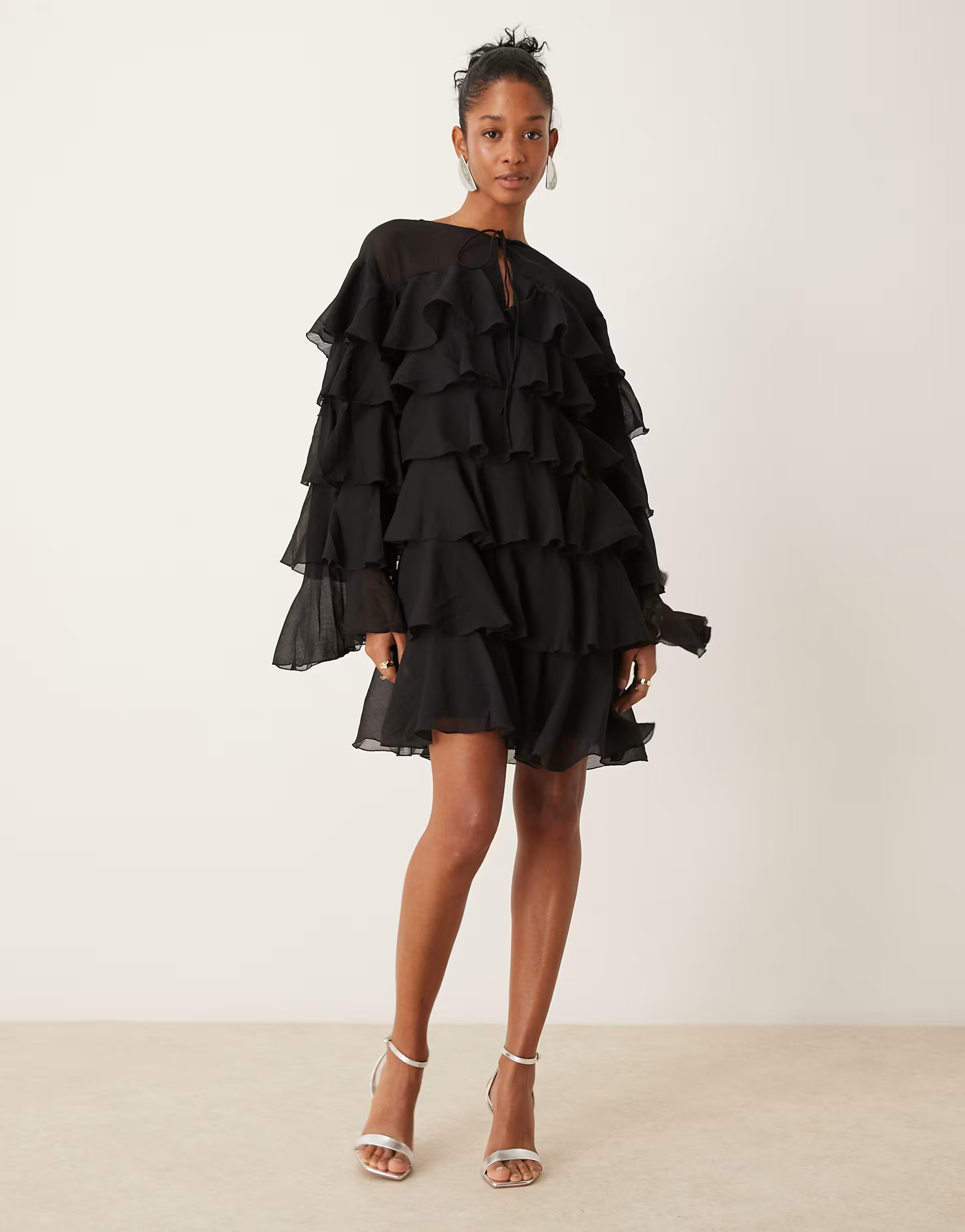 ASOS DESIGN chiffon tiered frill long sleeve mini dress in black | ASOS (Global)