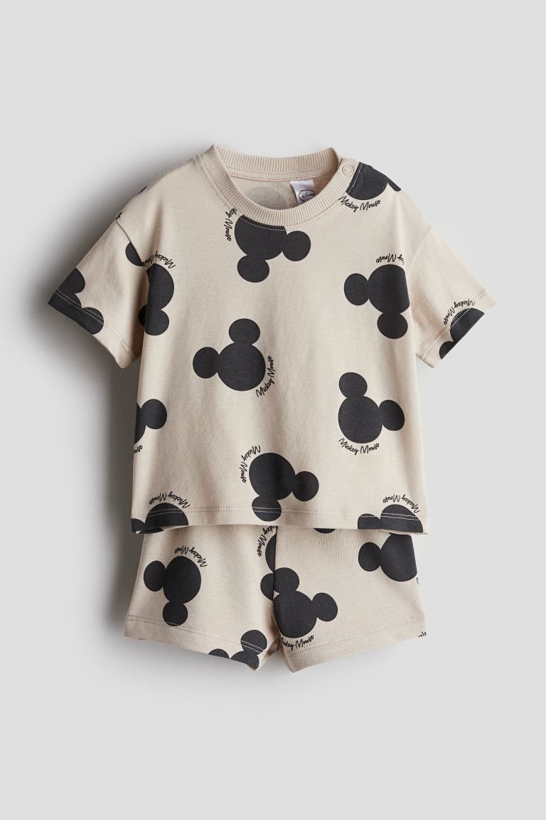 2-piece Printed Set - Round Neck - Short sleeve - Beige/Mickey Mouse - Kids | H&M US | H&M (US + CA)
