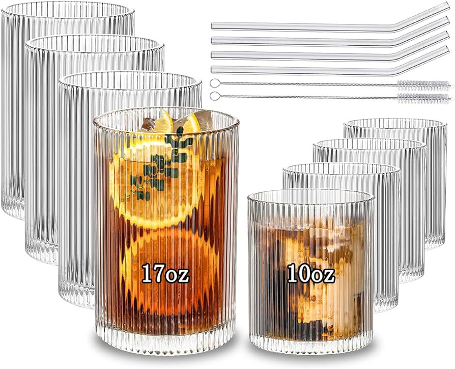 INSETLAN Set of 8 Ribbed Glassware - 4 Large Glasses 17 oz, 4 Rocks Glass Cups 10 oz, Vintage Gla... | Amazon (US)
