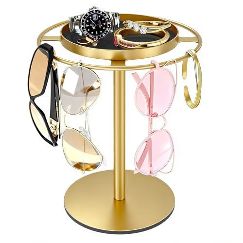 LSK Metal Sunglasses Organizer, Glasses Holder Stand with Storgae Tray, Eyeglasses Holder with Anti-Slip Pads for Tabletop, Desk, Dresser, Gold | Amazon (US)
