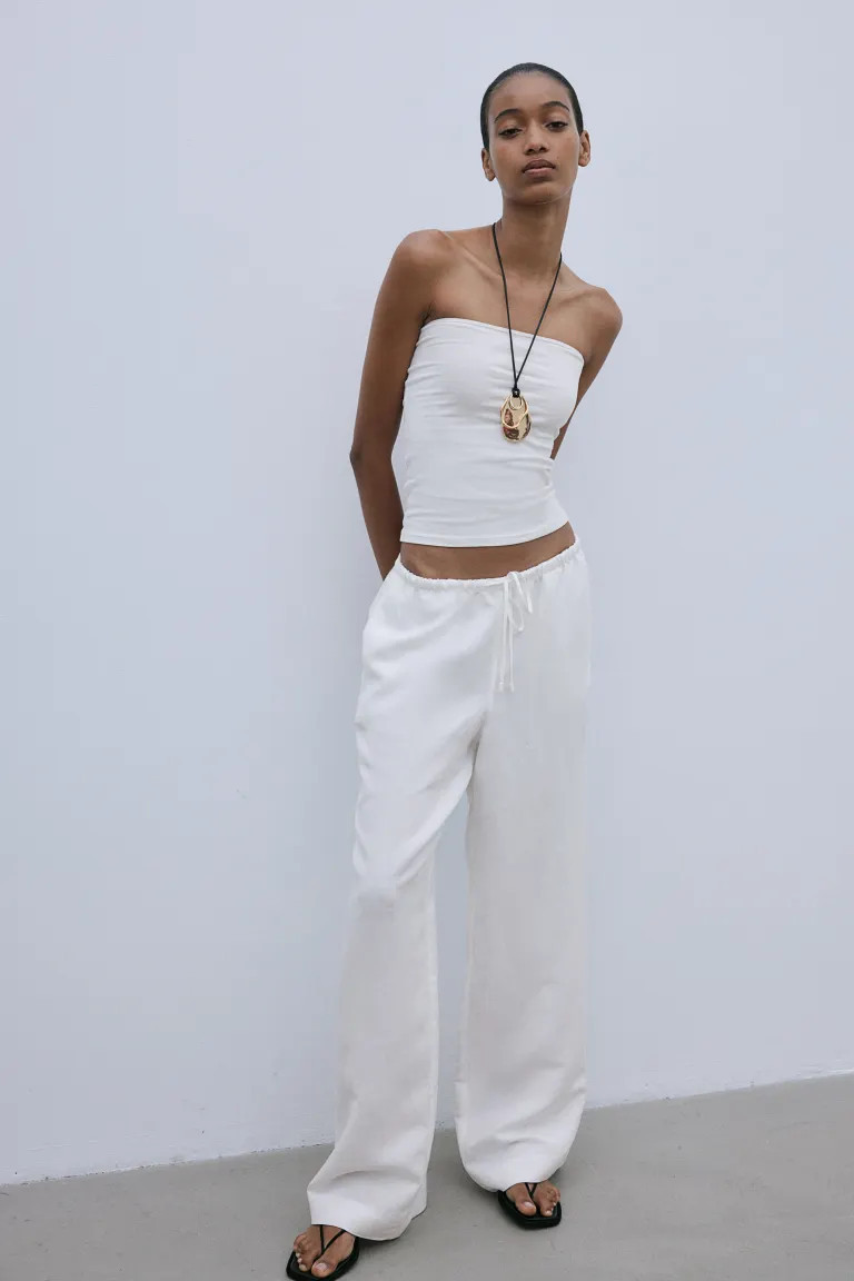 Linen-blend Pants - Regular waist - Long - White - Ladies | H&M US | H&M (US + CA)