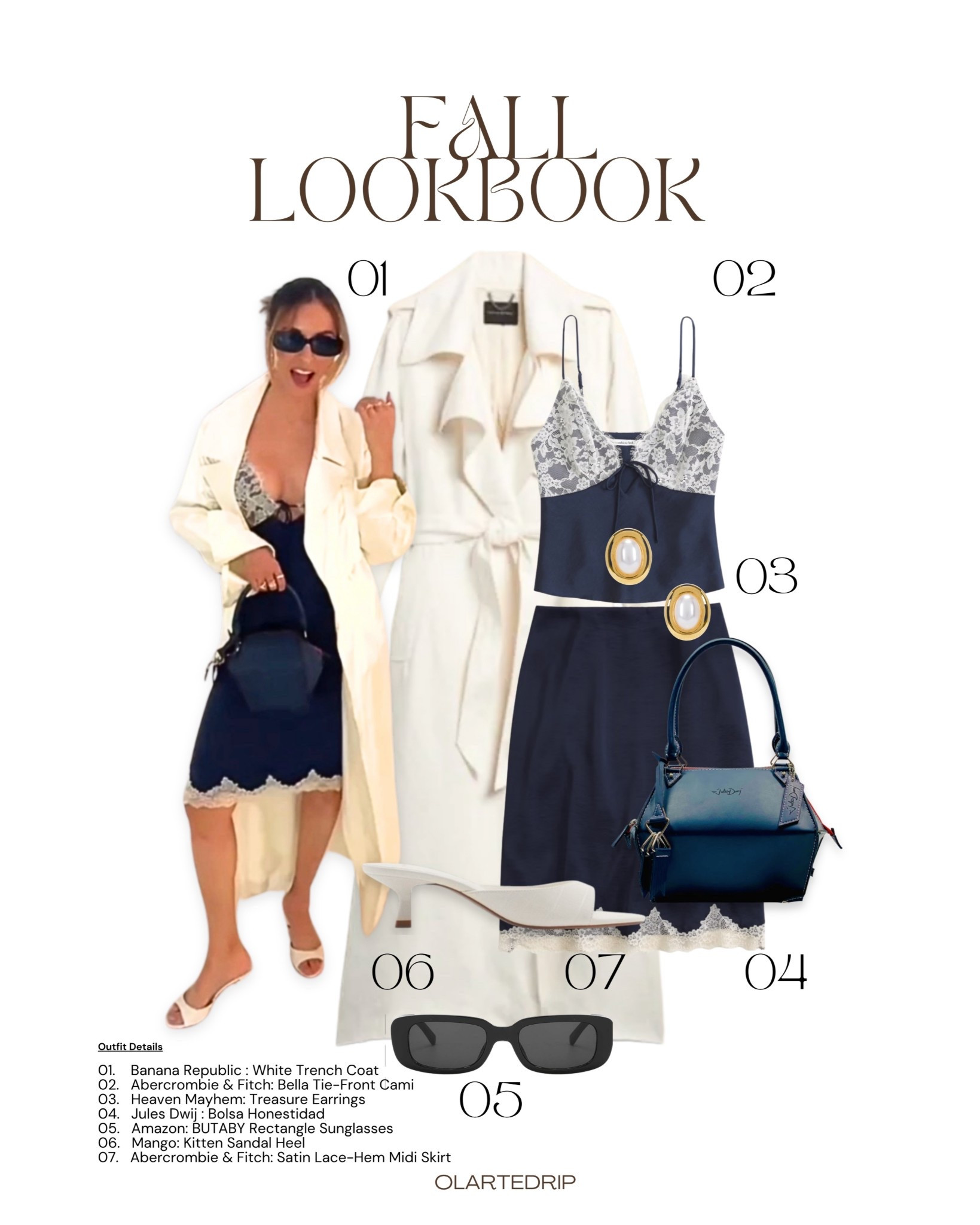 Fall Lookbook 🍂 A satin lace-trim cami and midi skirt layered with a crisp white trench coat. Styled with pearl statement earrings, a structured navy bag, sleek rectangle sunnies, and kitten sandals for chic, expensive vibes without the price tag .

#LTKStyleTip #LTKFindsUnder100 #LTKSeasonal