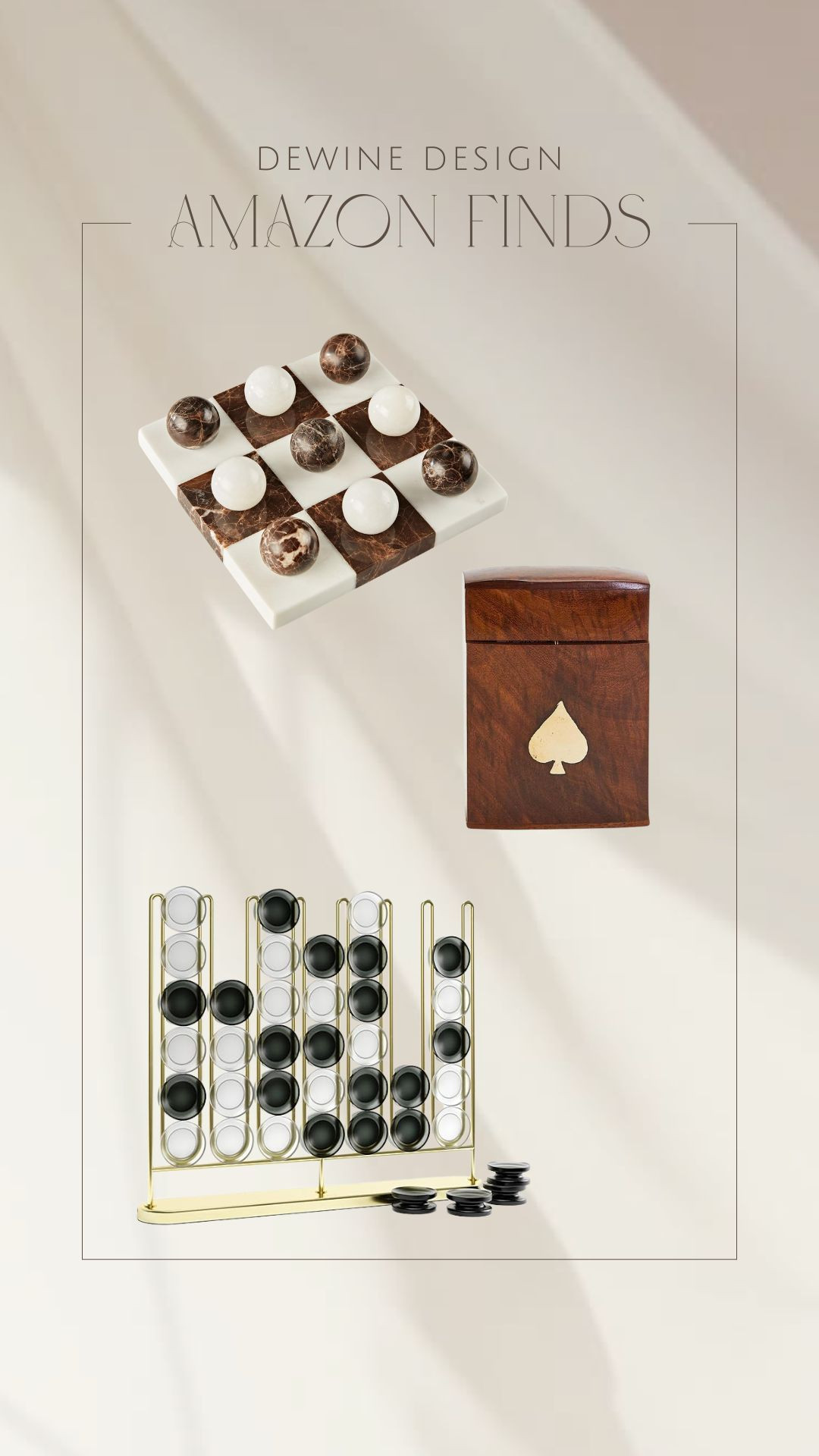 Amazon Finds: Chic Coffee Table Games 🕊️✨

Game night, but make it elevated.
This marble tic-tac-toe set, wooden card deck holder, and luxe gold + frosted Connect 4 are the kind of pieces that double as decor. So pretty, you’ll want to leave them out 24/7 🤍

All are linked on my LTK — functional, neutral, and perfect for styling your coffee table.

#AmazonHome #CoffeeTableStyling #ModernClassic #LTKHome #NeutralDecor #AmazonFinds #HomeAesthetic #GameNightGlowUp 

 #LTKGiftGuide #LTKHome #LTKStyleTip