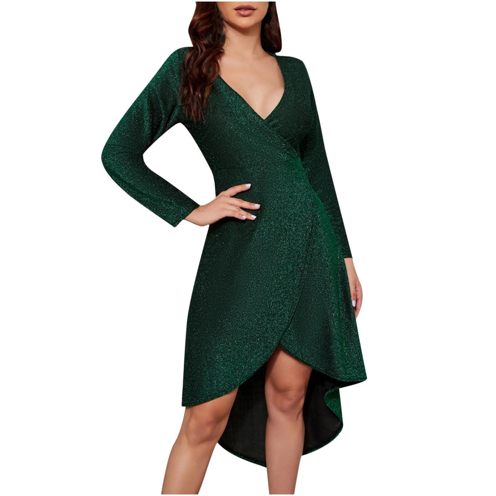 Womens Fashion Casual Sexy Deep V-neck Slim Bright Silk Long Sleeve Swallowtail Dress Sexy Summer... | Walmart (US)